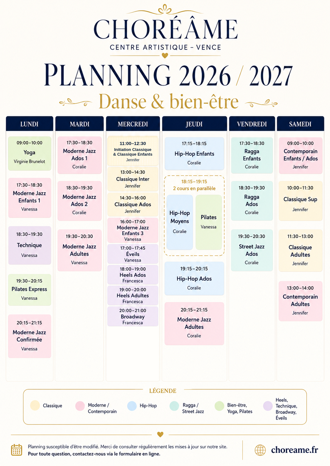 Planning Choréâme 2026–2027 — Danse et bien-être