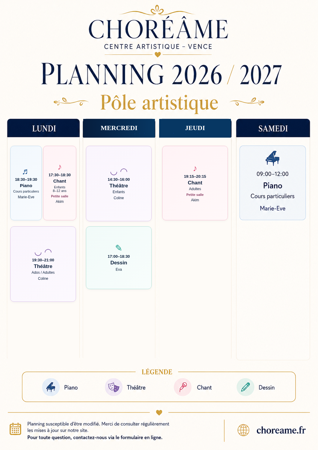 Planning Choréâme 2026–2027 — Pôle artistique